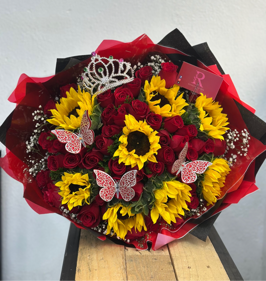 Girasoles y rosas
