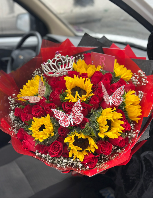 Girasoles y rosas